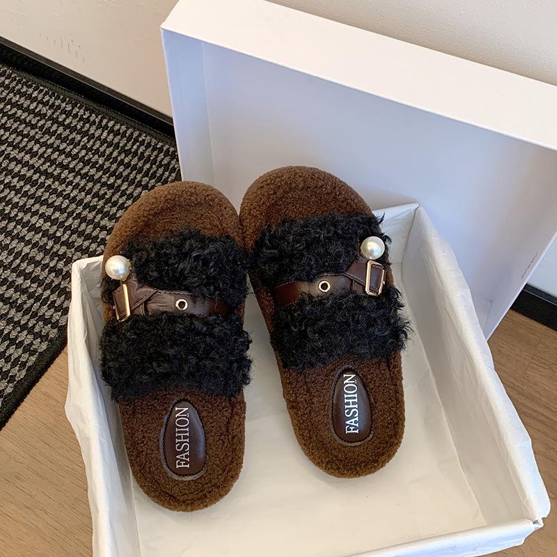 Retro color fluffy slippers outer wear women's autumn and winter new one-pedal lazy shoes women's platform slippers