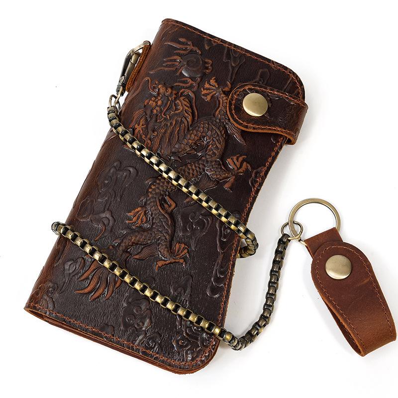 Men'S Leather Wallet Crazy Horse Leather Iron Chain Anti-Theft Long Wallet Multi-Card Wallet Mobile Phone Change Bag