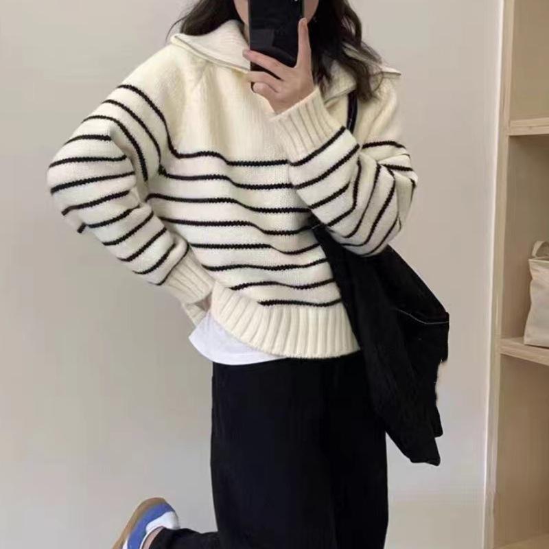 Half Zipper Striped Pullover Sweater Women's Loose Short Lazy Style Versatile Knitted Sweater Autumn and Winter New