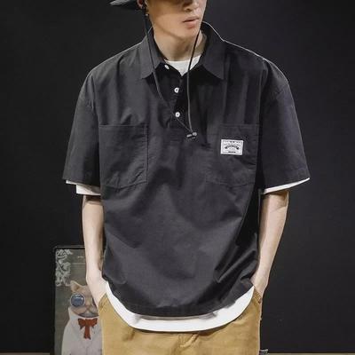 Men's Japanese Trendy Loose-Fit Summer Polo Shirt, Short-Sleeve, Large Size, Casual Black T-Shirt