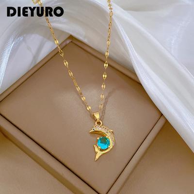 DIEYURO 316L Stainless Steel Blue Zircon Dolphin Pendant Necklace For Women New Luxury Girls Clavicle Chain Zircon Accessories