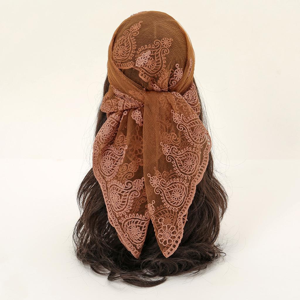 Square Yarn Scarf Floral Embroidery Lace Hijab Headscarf Headband Summer Breathable Bandana For Women Elegant Turban Hair Wrap