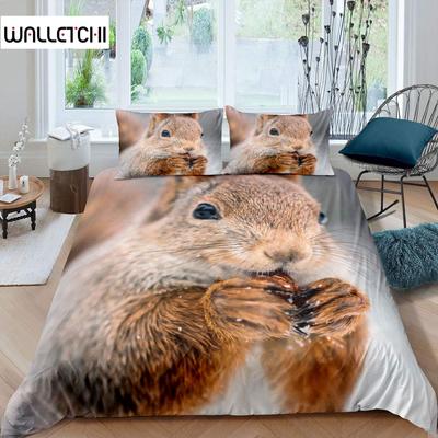 Ekorre Påslakanset Söt Ekorre Enkelsäng Sängkläder 3D Djur Täcke Överdrag Naturtema King Size Polyester Quiltöverdrag