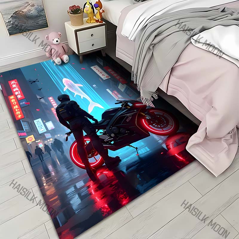 

1PC Night rider, motorcycle red glow Carpet for Living Room Bedroom Sofa Home Decor Rus Non-slip Floor Mat Luxury Gift 40cm x 60cm