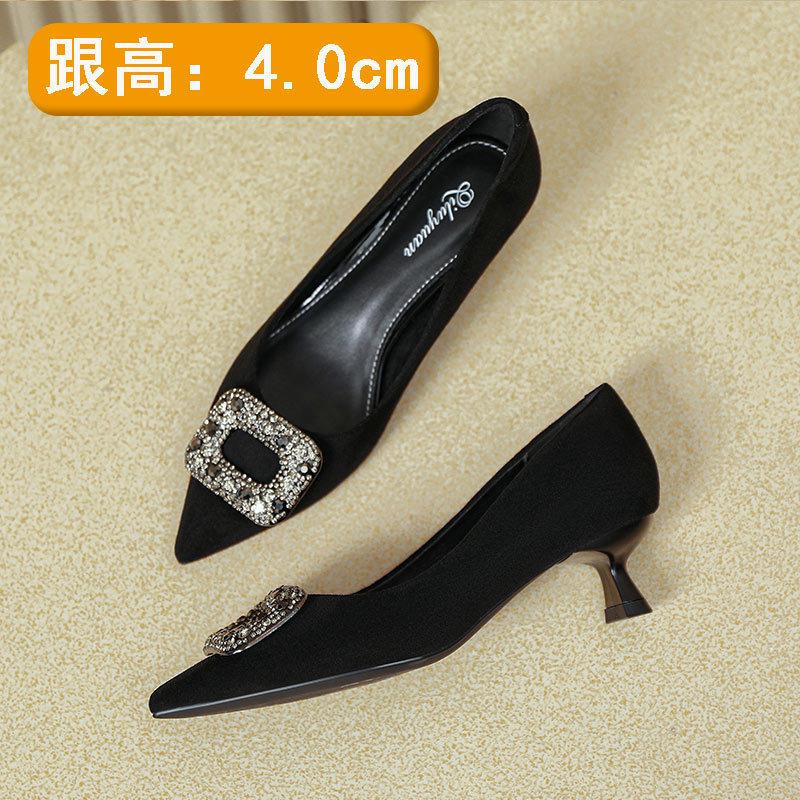 

Pointed rhinestone high heels women s thin heels sexy 2025 new spring and autumn not tired feet black suede French single shoes 34 чёрный
