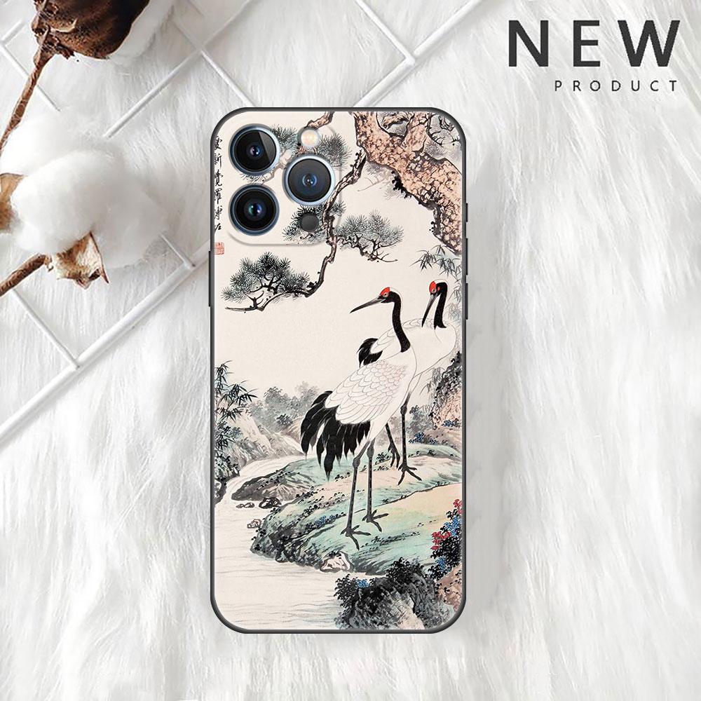 Funda Case For Apple iPhone 14 11 13 7 12 Pro 7 XR XS Max 8 Plus 6 14Pro 13Mini Black Soft Phone Coque Tiger Crane ART