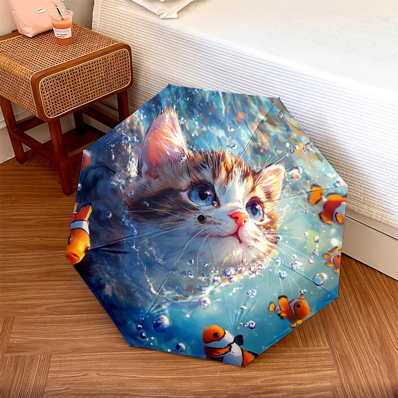 1 PC Automatic Folding Umbrella - Kitten Clownfish Pattern, Portable & Foldable Design with 8 Ribs, Christmas Birthday Gifts