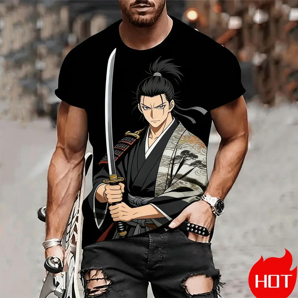 Anime Printed Men's T-shirt 3D Cool Samurai Pattern Short Sleeve Tops Daily Leisure Fashion Breathable Round Neck Pullover Tops
