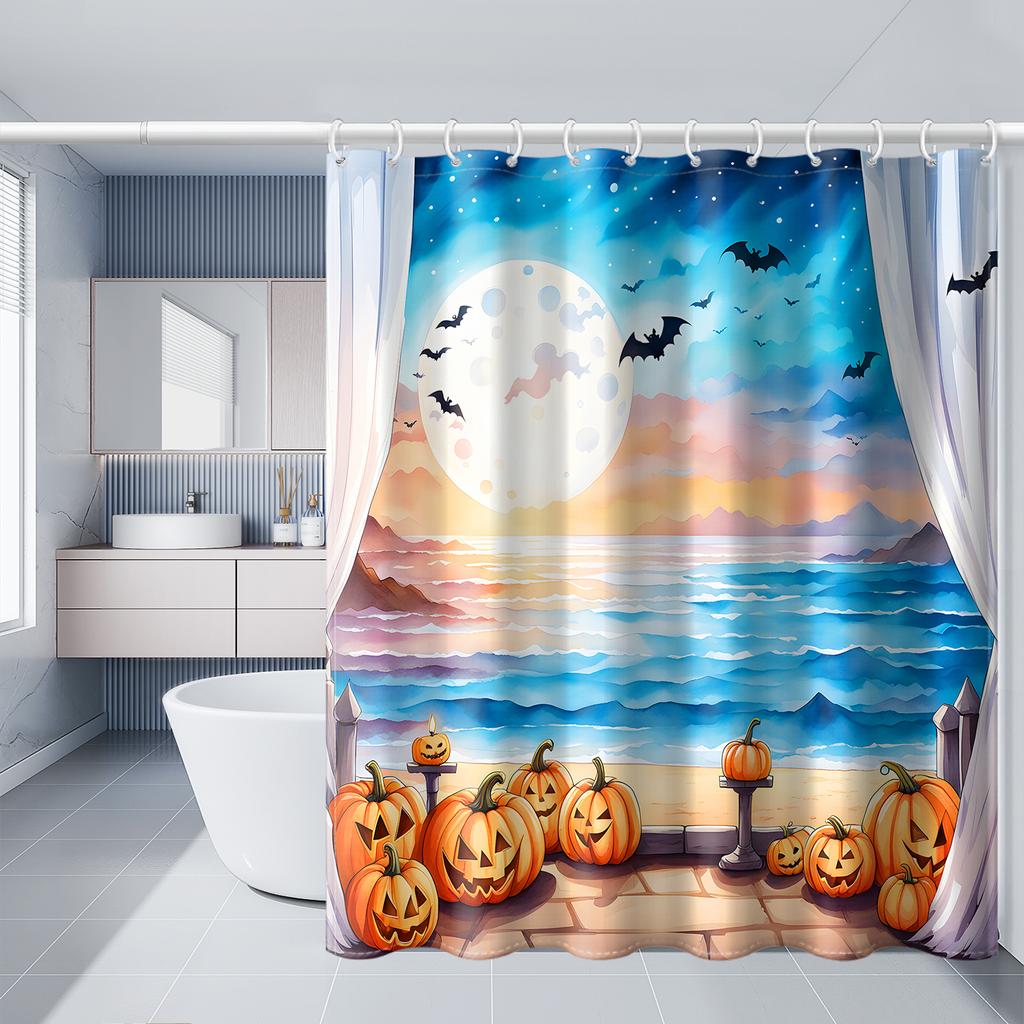 1pc Simulated Window Pumpkin Tree Halloween Bat Shower Curtain with Plastic Hooks, Decorated In Autumn and Winter Style