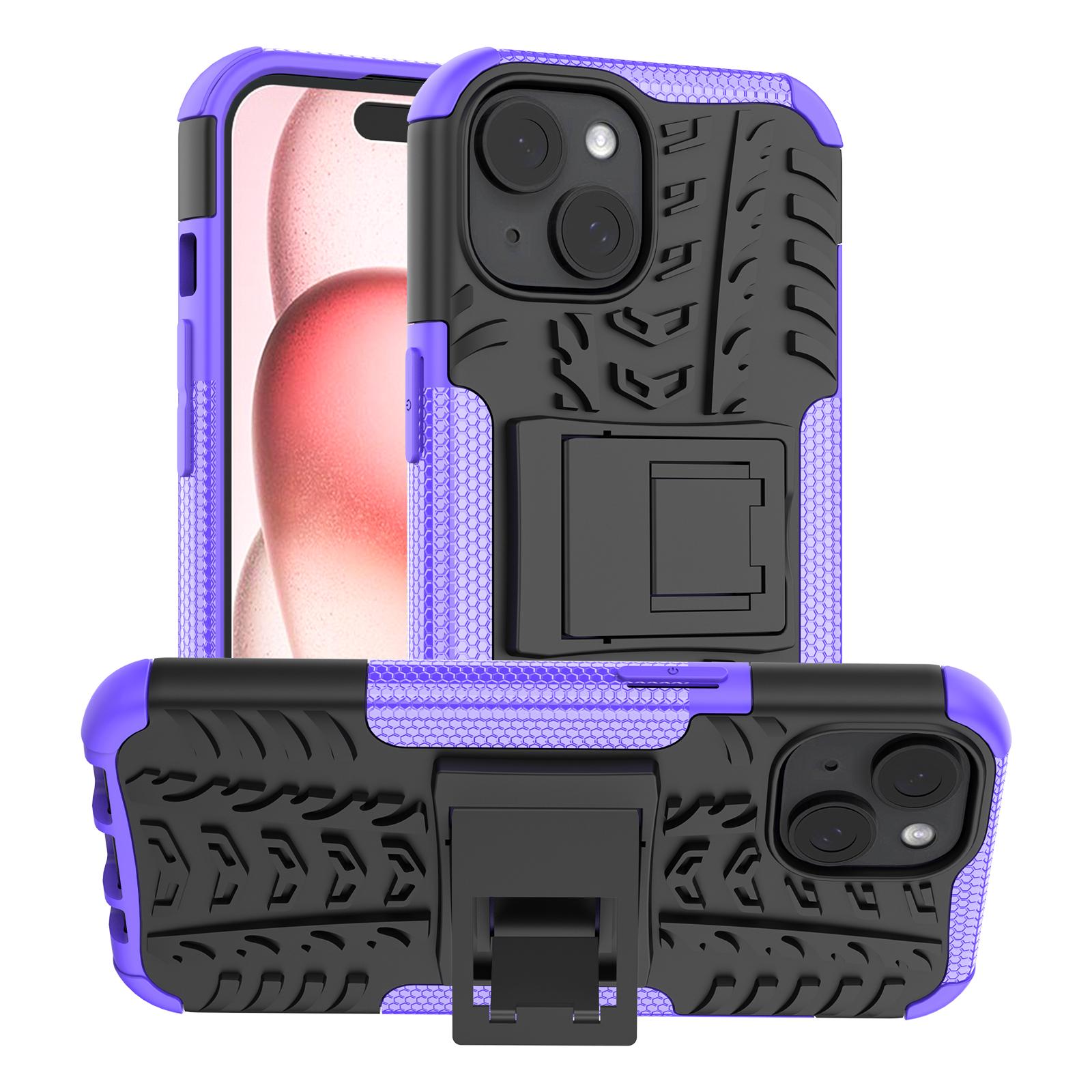 

For iPhone 15 Tyre Pattern Phone Case Kickstand PC+TPU Shock Absorbing Phone Cover Purple