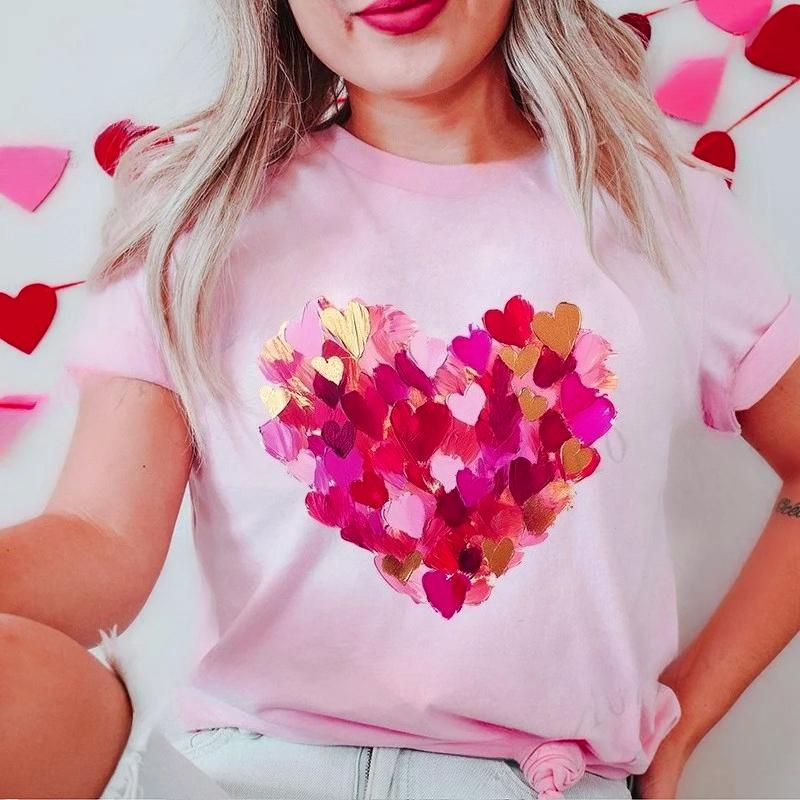 New Women's T-Shirts Clothing Valentine Leopard Love Heart Print Tees Breathable Tshirt Loose Top Harajuku Casual Short Sleeve