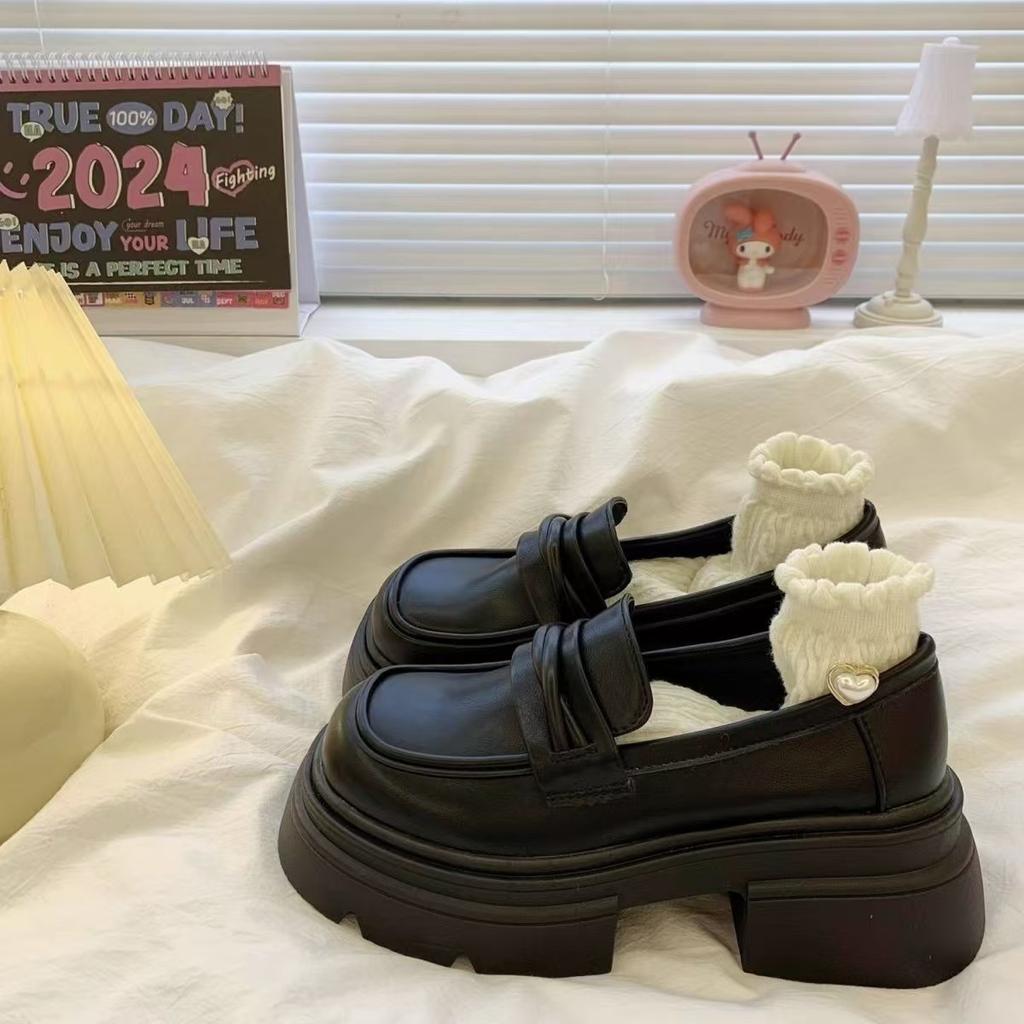 Platform Thick Heel British Style Small Leather Shoes Women's 2025 New Spring and Autumn One-pedal Women's Shoes Single Shoes Black Loafers