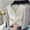 V-neck sweater cardigan women's spring and autumn soft waxy high-end versatile top small fragrant lace splicing knitted jacket