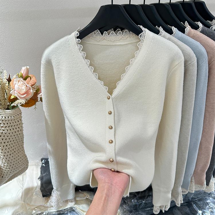 V-neck sweater cardigan women's spring and autumn soft waxy high-end versatile top small fragrant lace splicing knitted jacket