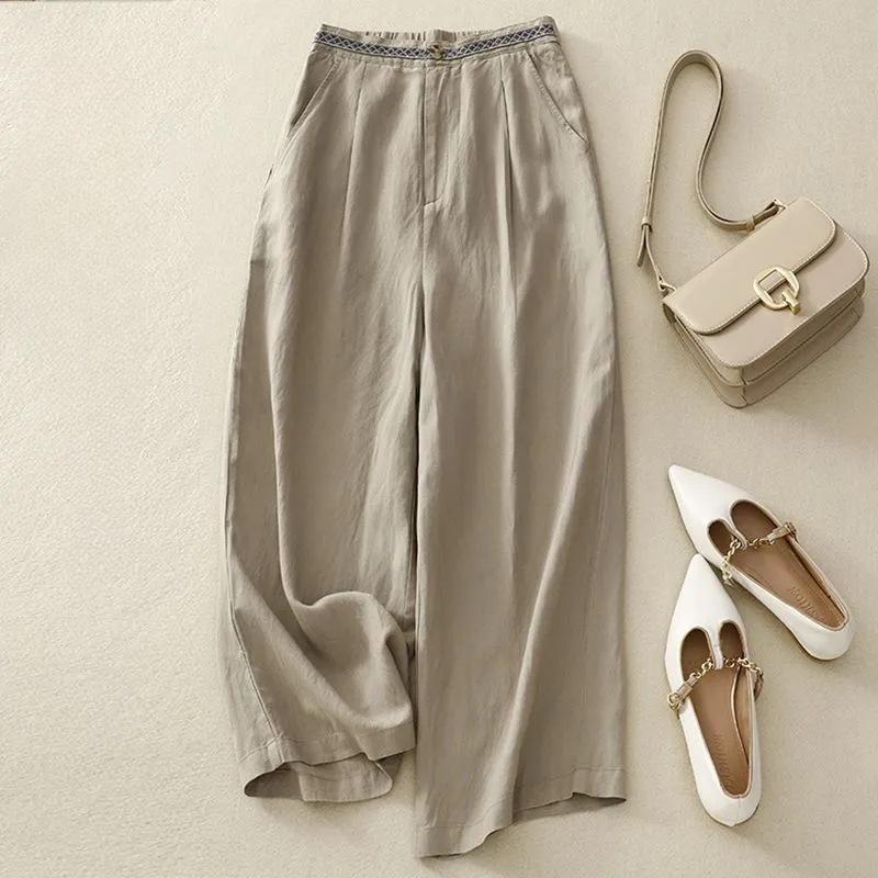 Spring Summer Retro Embroidered Cotton Linen Wide Leg Pants Women Loose Large Size Trousers