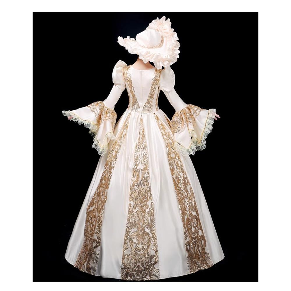 Vintage European Court Gown Women Embroidery Lace Flare Sleeve Victorian Dress with Hat for Party Cosplay