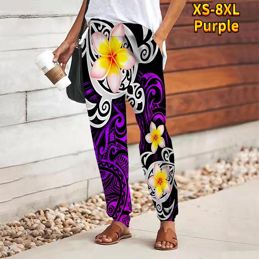 Women Flower Printing Pants Lace Up Elastic Waist Loose  Trousers Casual Long Pants Trousers with Pockets