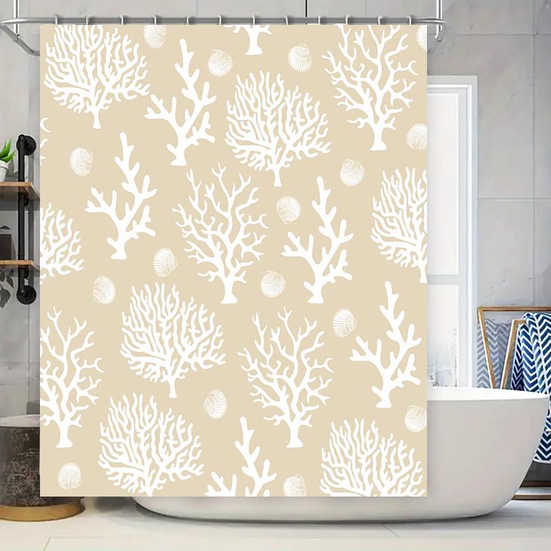 Corals Printed Shower Curtain White Coral Reef Pattern Bathroom Decoration Waterproof Fabric Shower Panel Liner Beige Color (180