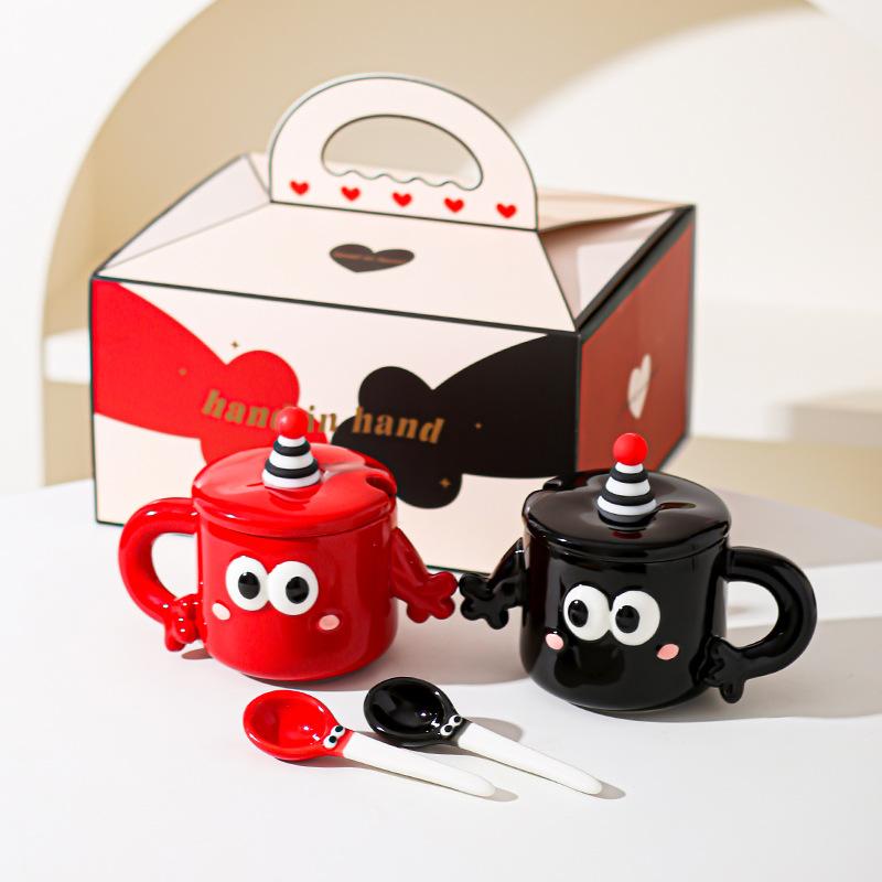 Hand in Hand Paar Keramiktasse Geschenkbox lustige Tasse mit Deckel Haushaltsnische Wasserbecher Hochzeitsgeschenk Tasse