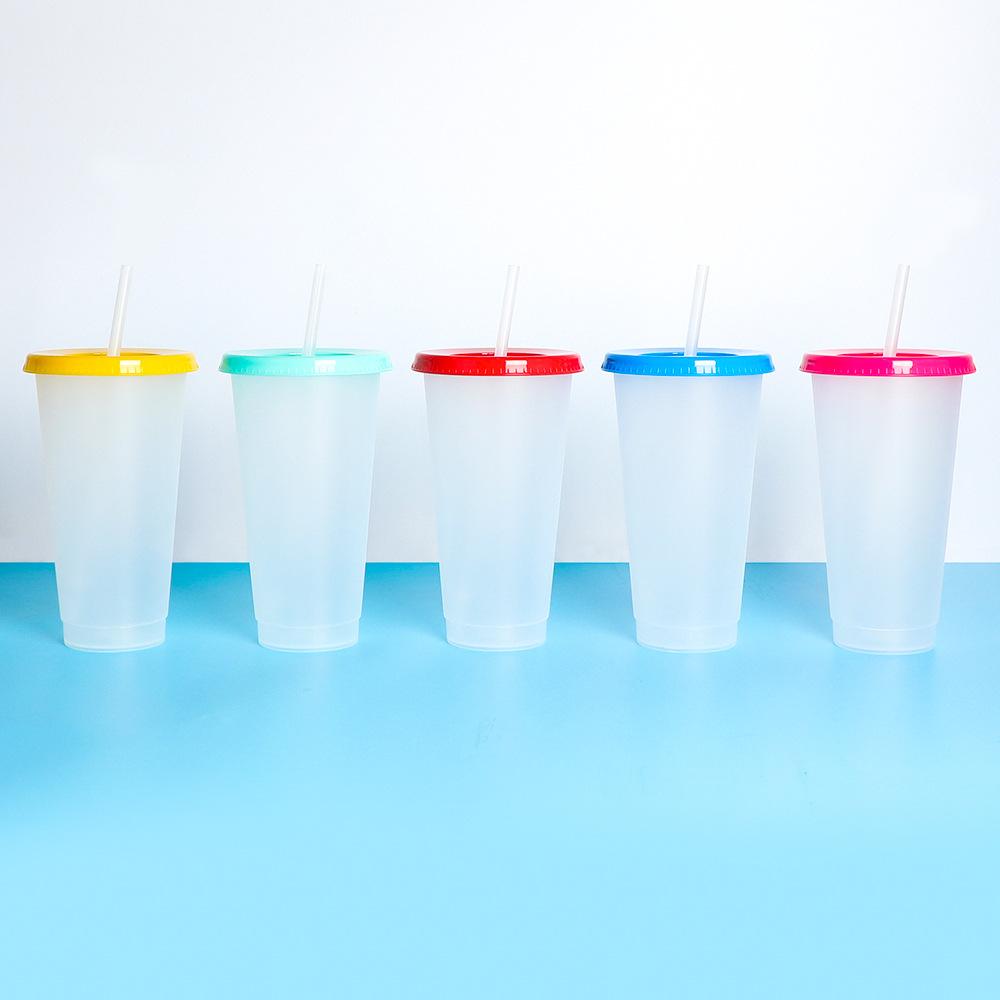 710ml Black White Straw Cup With Lid Color Change Coffee Cup Reusable Cups Plastic Tumbler Matte Finish Coffee Mug DROPSHIPPING