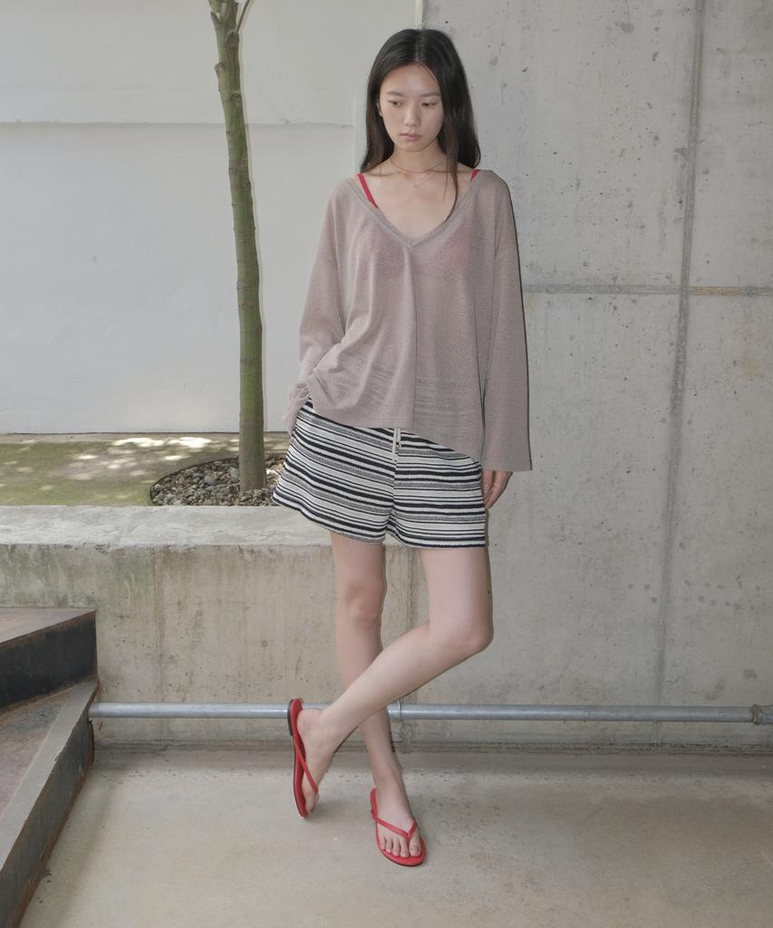 Mosyupamosyu Striped Knit Elastic Shorts [Black]