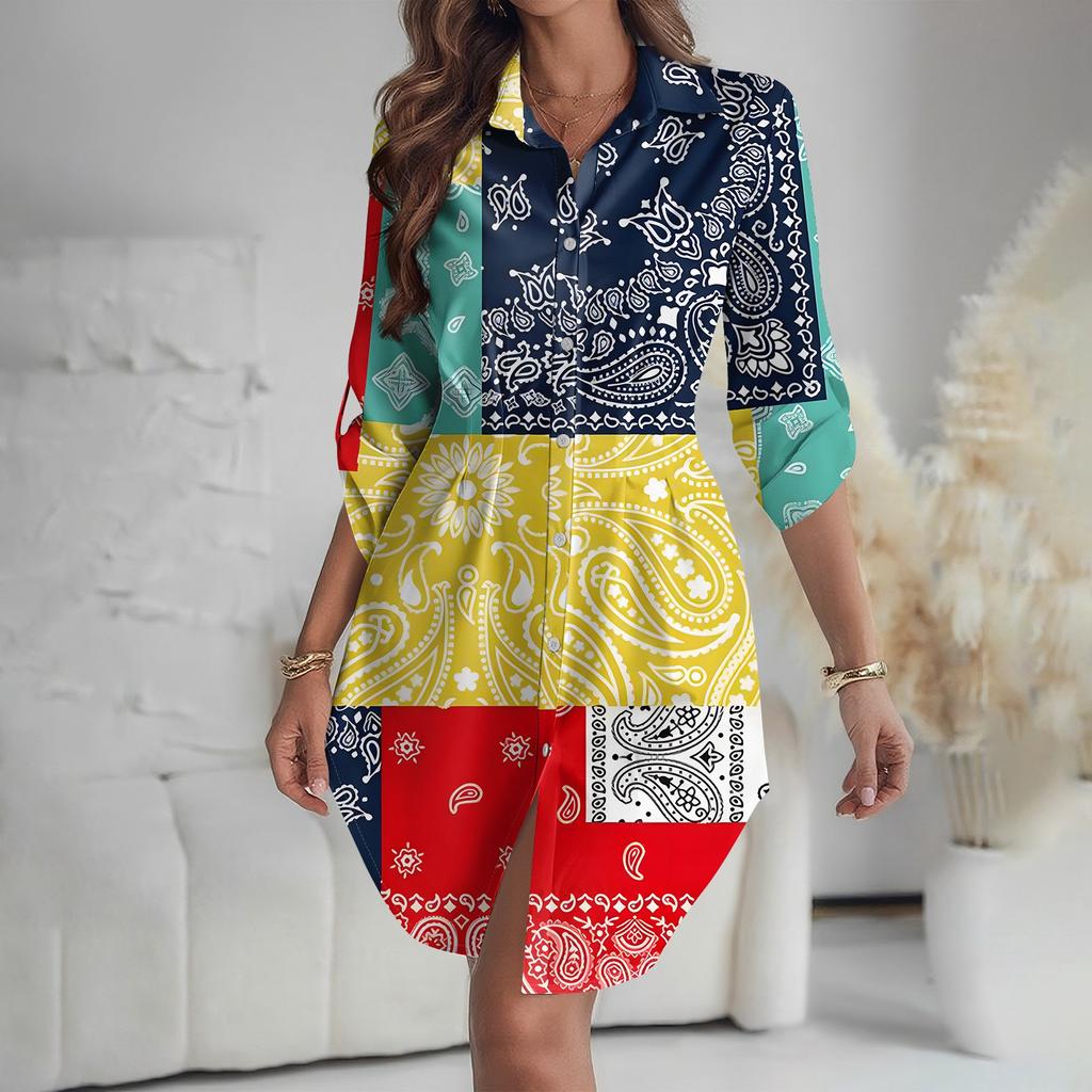 Women's Loose-fitting V-neck Long-sleeved Dress Print Work Shirt Dress