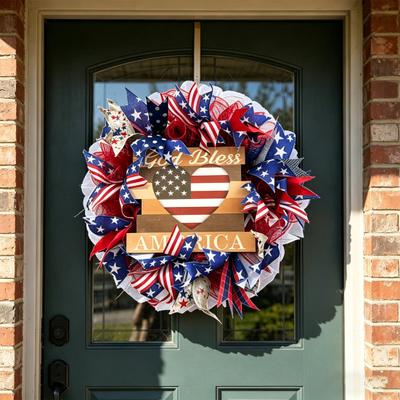 Ghirlanda Patriottica per Porta d'Ingresso Fatta a Mano Appendino per Porta 4 Luglio Rosso Bianco Blu Placca di Legno Americana da Appendere per Parete Portico Decorazione Festa della Memoria