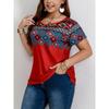Large casual T-shirt, women's plus Southwest printed round neck short sleeved T-shirt