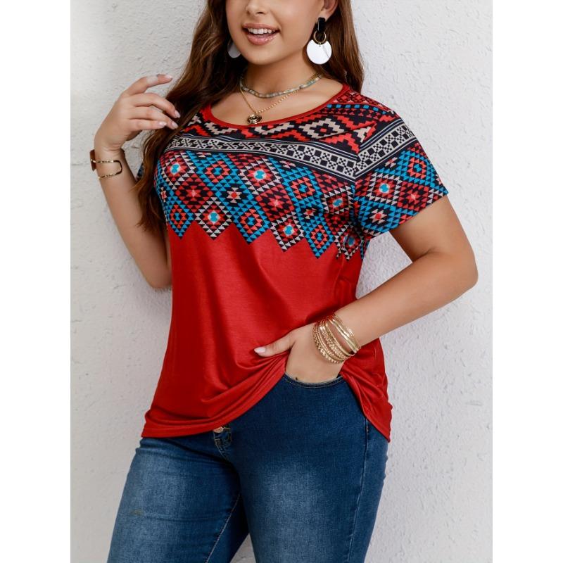 Large casual T-shirt, women's plus Southwest printed round neck short sleeved T-shirt