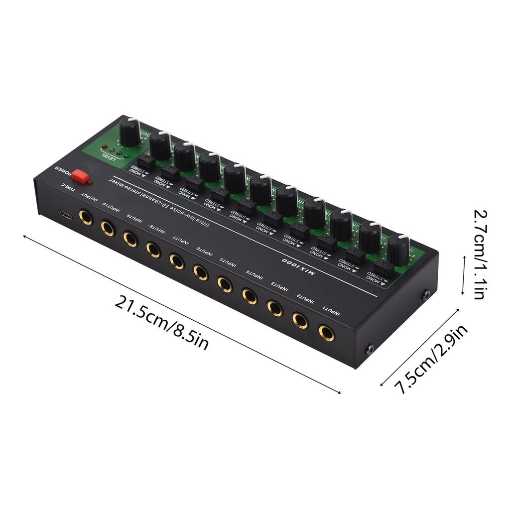 10 Channel Audio Mixer Stereo Mono Line Mixer 6.35mm TRS TS Input Metal Shell Type C Audio Processor for Guitar Bass