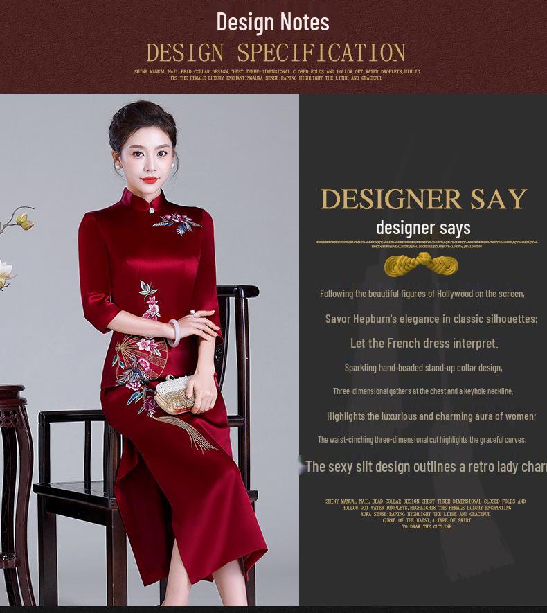 Elegant Spring Acetate Satin Embroidered Cheongsam for Mothers - New Chinese Wedding Style Dress