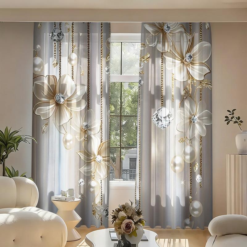 2-Piece Set of Light Luxury Crystal Flower Curtains, Rod-Set Semi-Transparent Polyester Curtains 60×150cm(23.6×59in)