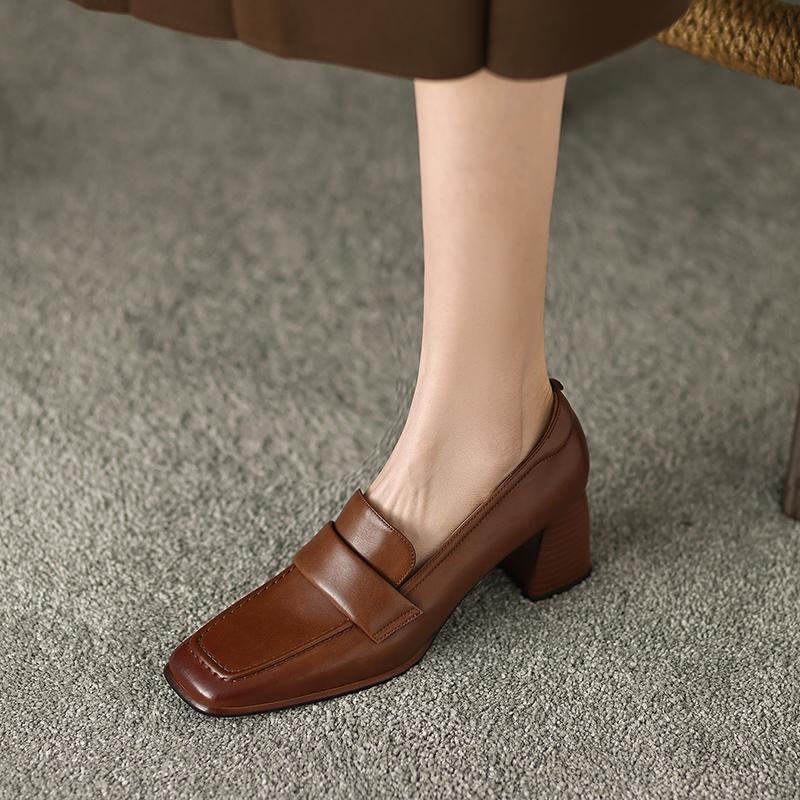 Fashion 2025 Spring New Cow Leather Women Shoes LEISURE Women Slip-On Shallow Pumps Square Toe High Heels Shoes Women Zapatos De Mujer