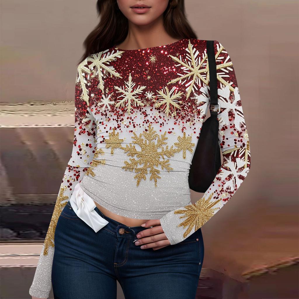 Mote Casual Dame Rund Hals Juleprint Langermet T-skjorte Topp