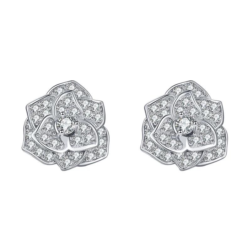 Elegant Moissanite Camellia Stud Earrings in S925 Sterling Silver 925 Silver