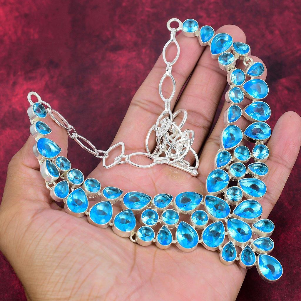 Blue Topaz 925 Solid Sterling Silver Necklace with Adjustable Chain, Handmade Gemstone Jewelry Necklace For Memorial Day