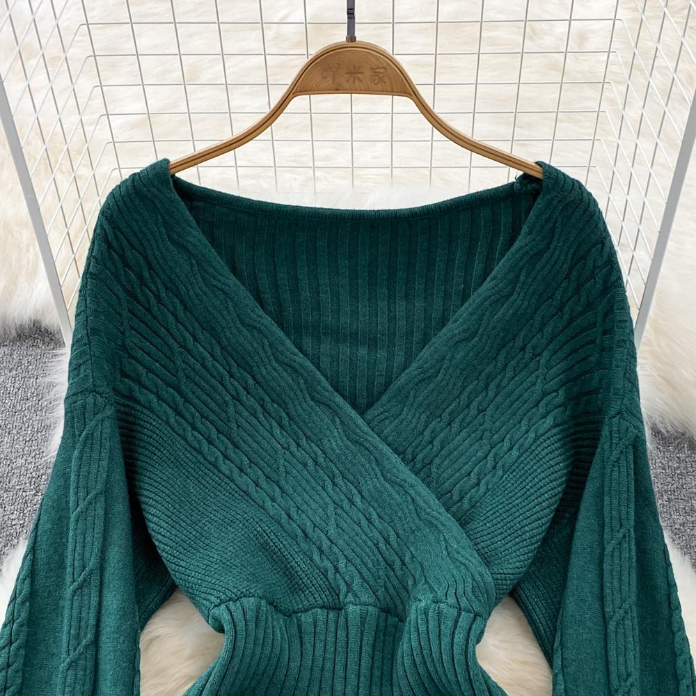 Podzimní zima elegantní pletené svetrové šaty s výstřihem do V s dlouhým rukávem Sexy mini dámské tužkové úplety