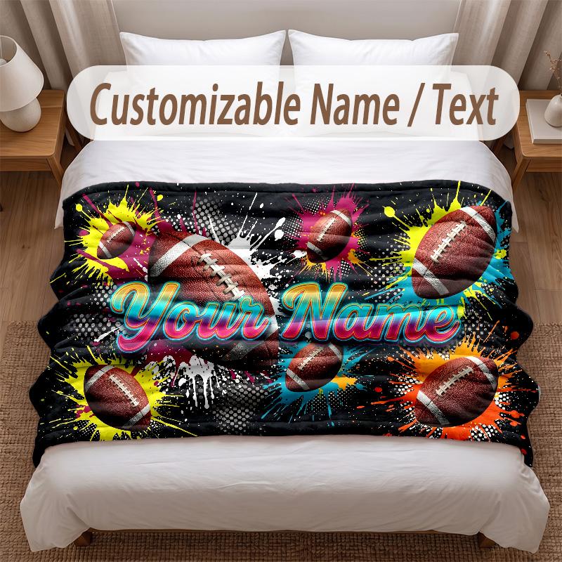 American Football Theme Soft Blanket Personalized Custom Name Text Print Warm Blanket Home Sofa Bedroom Decor