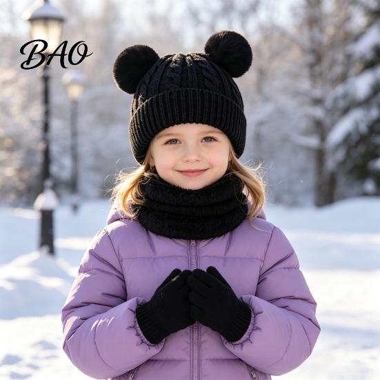 Outdoor Skiing Cold Protection Set Kids Winter Warm Knit Set, Bear Ear Hat, Fleece Lined Neck Gaiter & School Wear for Little Full Finger Gloves,