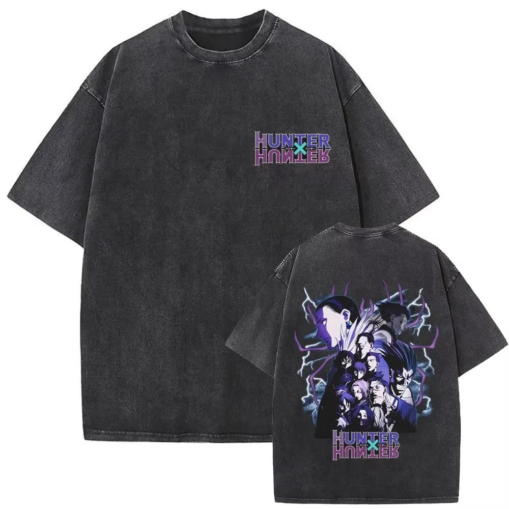 Vintage Washed Oversized Short-Sleeve T-Shirt Featuring Hunter x Hunter Main Characters Group Art, Series Logo and Japanese Title Graphic Print