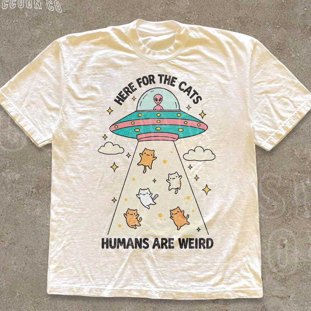 Funny Cat Shirt Here For The Cats Humans Are Weird Vintage Cartoon Tee Alien UFO Cat Lover Gift Retro Pastel Graphic Unisex T Shirt