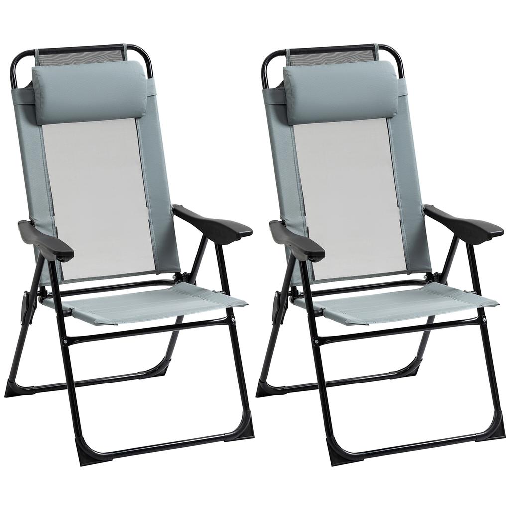 Folding Garden Chairs Set of 2, Portable Outdoor Patio Recliner Camping Chair with Adjustable Backrest, Grey