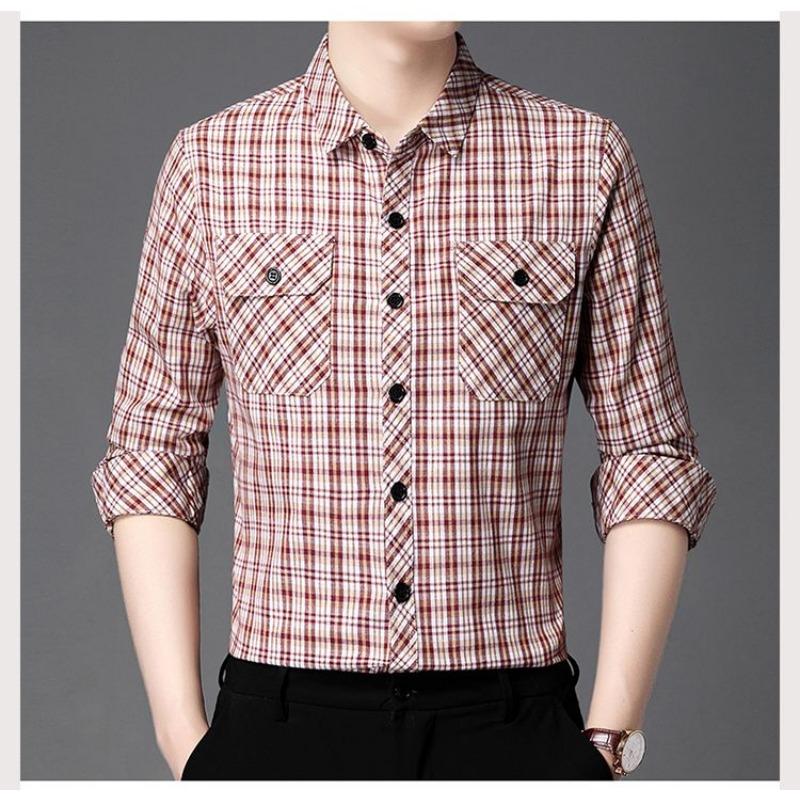 Men s Plaid Cotton-Linen Long Sleeve Shirt Casual Button-Down Top with Pockets 2. M красный