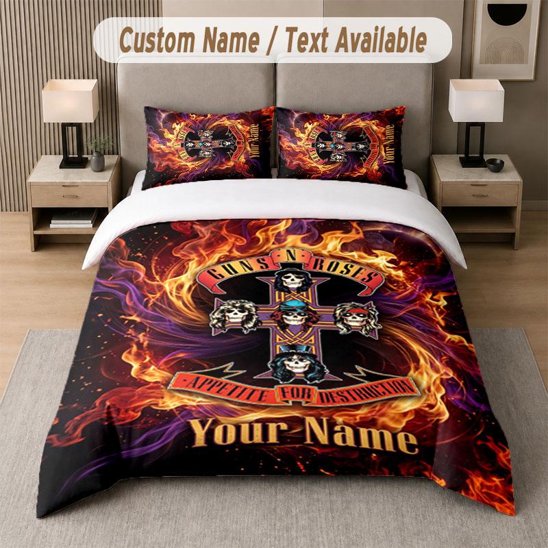 Custom Bedding Set Guns N’ Roses Pattern, Print Name Text 1 Duvet Cover plus 2 Pillowcases Home Textile