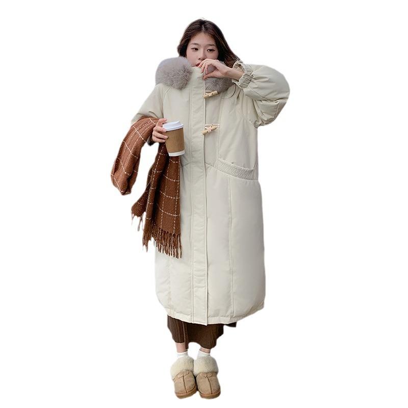Autumn and Winter Women's Large Size Coat Hooded Fur Collar Horn Buckle Loose Casual Thickened Windproof Women's Jacket
