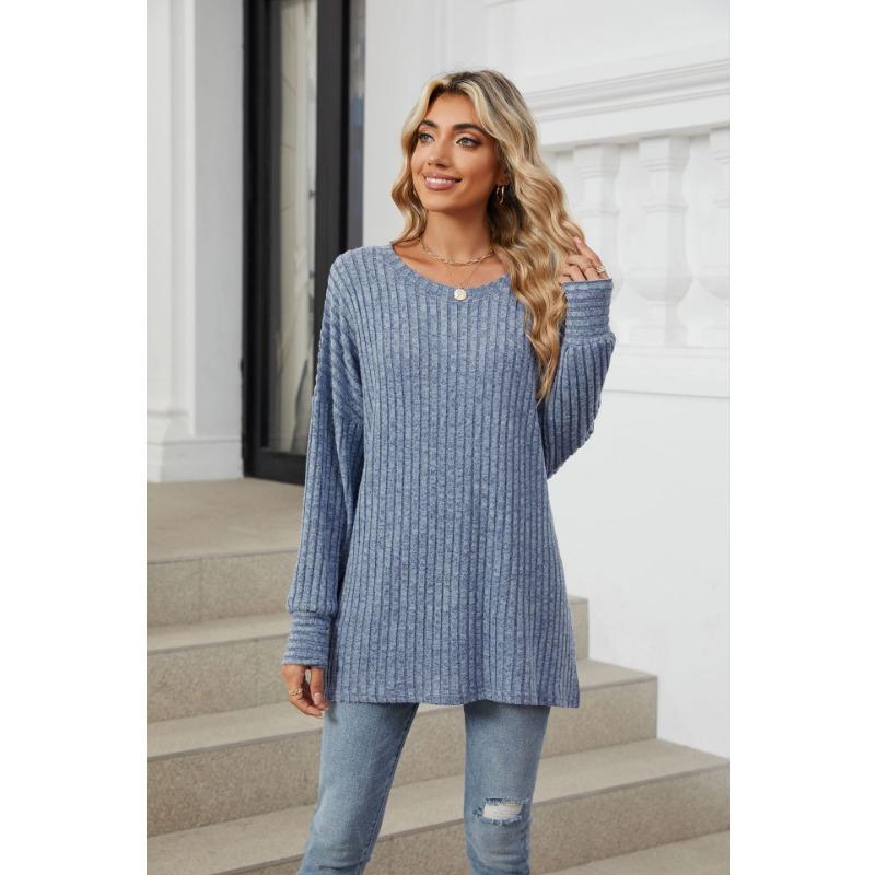 Herbst und Winter Damen Bluse Langarm Loose Rundhals Pit-Stripe Milled Tops