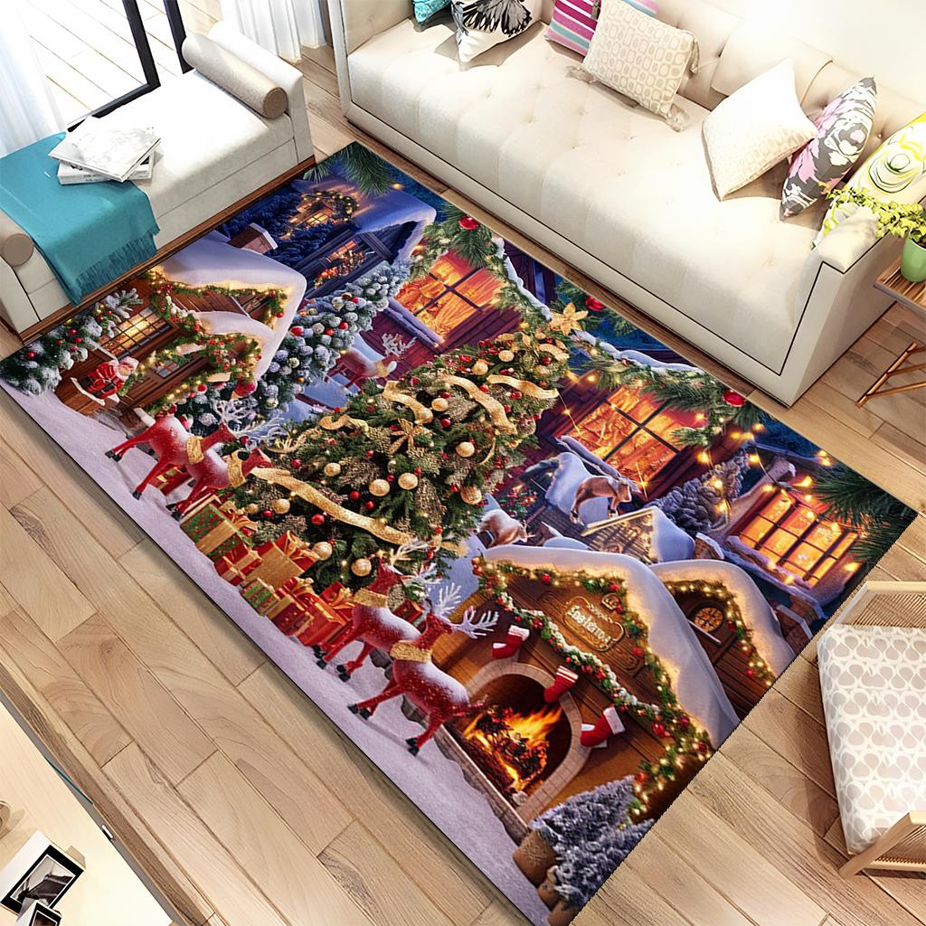 Cute Santa Claus Cartoon Merry Christmas Tree Festival Gift Carpet Rug for Living Room Bedroom Home Sofa Decoration,Non-slip