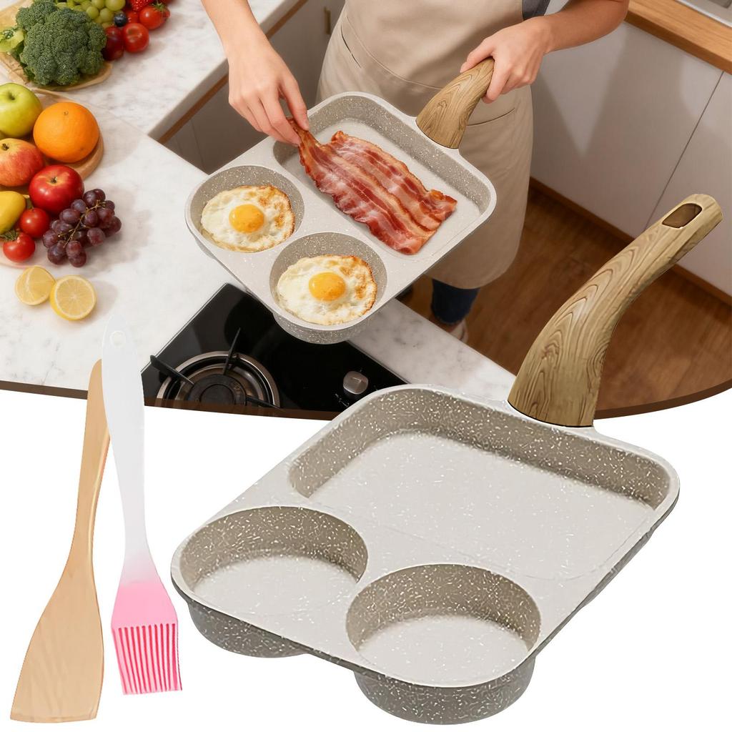 Egg Pan 3 Section Breakfast Pan With Spatula And Brush Heat-Resistant Handle Skillet For Omelette Bacon Meal Preparation Cooking