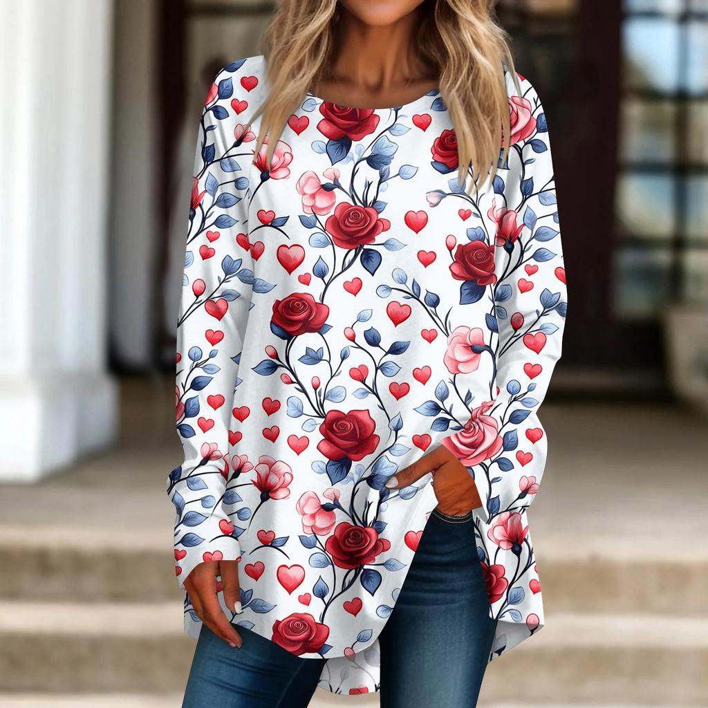 Damen Locker Bedrucktes Rundhals Langarm T-Shirt Top Pullover Langarmtop