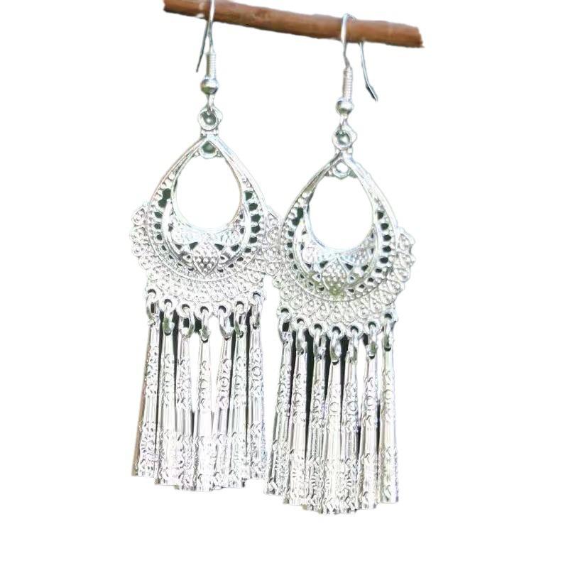 Retro Ethnic Style Miao Silver Fringed Earrings High-End Bohemian Earrings Tourist Attractions Fashion Versatile Earrings